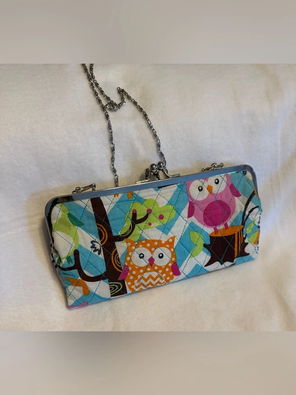 Owl Print Kiss Lock Wallet Clutch Crossbody Purse Chain Strap Colorful Quilted